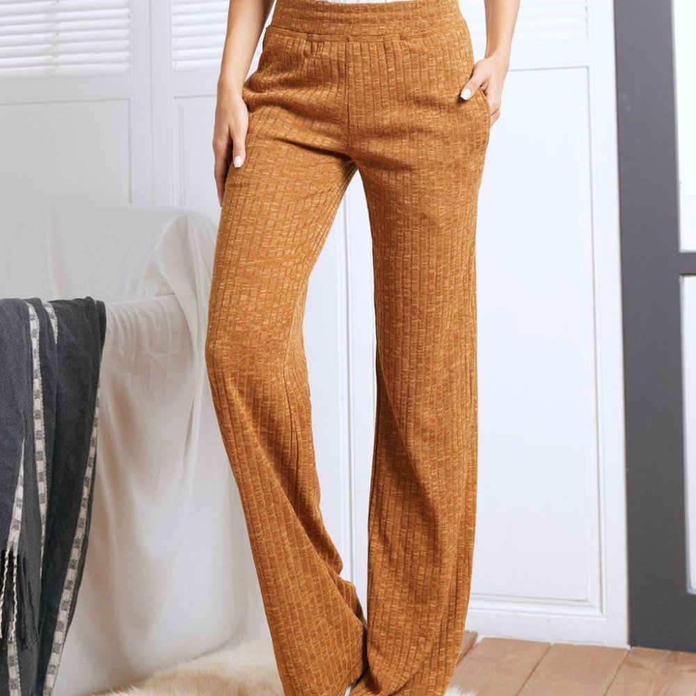 Marled Camel Ribbed Straight Wide Leg Pants